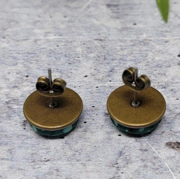 New Handmade | Upcycled Green Dot Print Button Stud Earrings - Picture 3 of 3